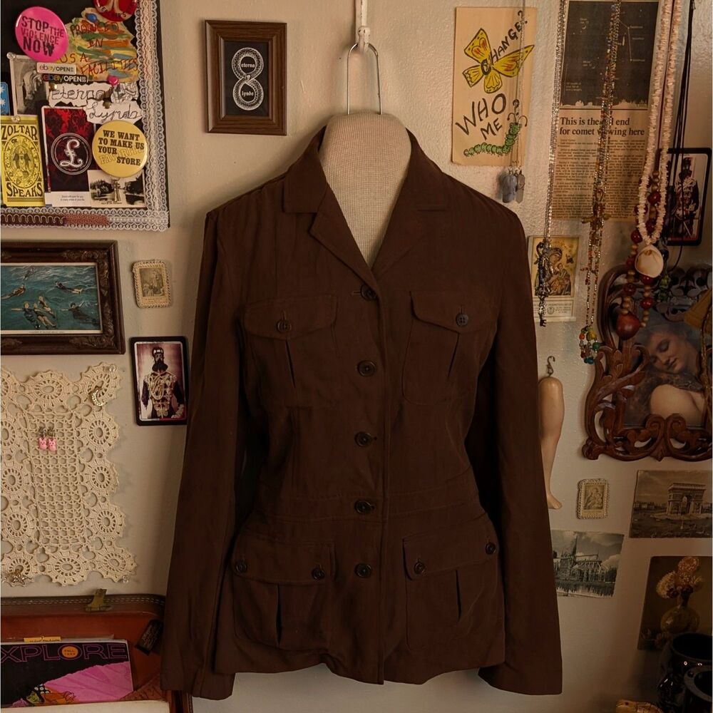 Ralph Lauren Silk Military Style Blazer Jacket Women's Small Dark Brown